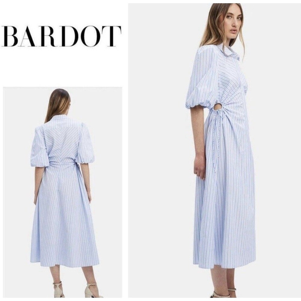 Bardot Blue Striped Side Cutout Puff Sleeve Button-Up Midi Shirt Dress Womens XL